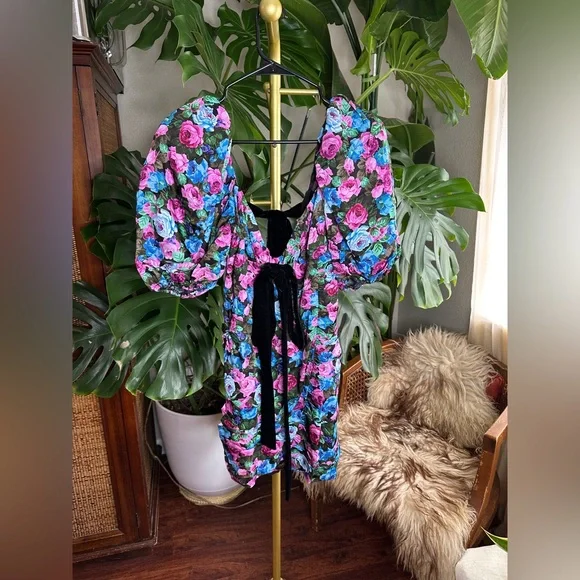 For Love And Lemons Marley Mini Multicolor Floral Dress with Black Bow - Picture 3 of 3